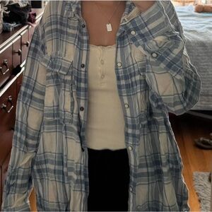 American Eagle Outfitters Blue and Cream Plaid Flannel Seriously Lived In Shirt